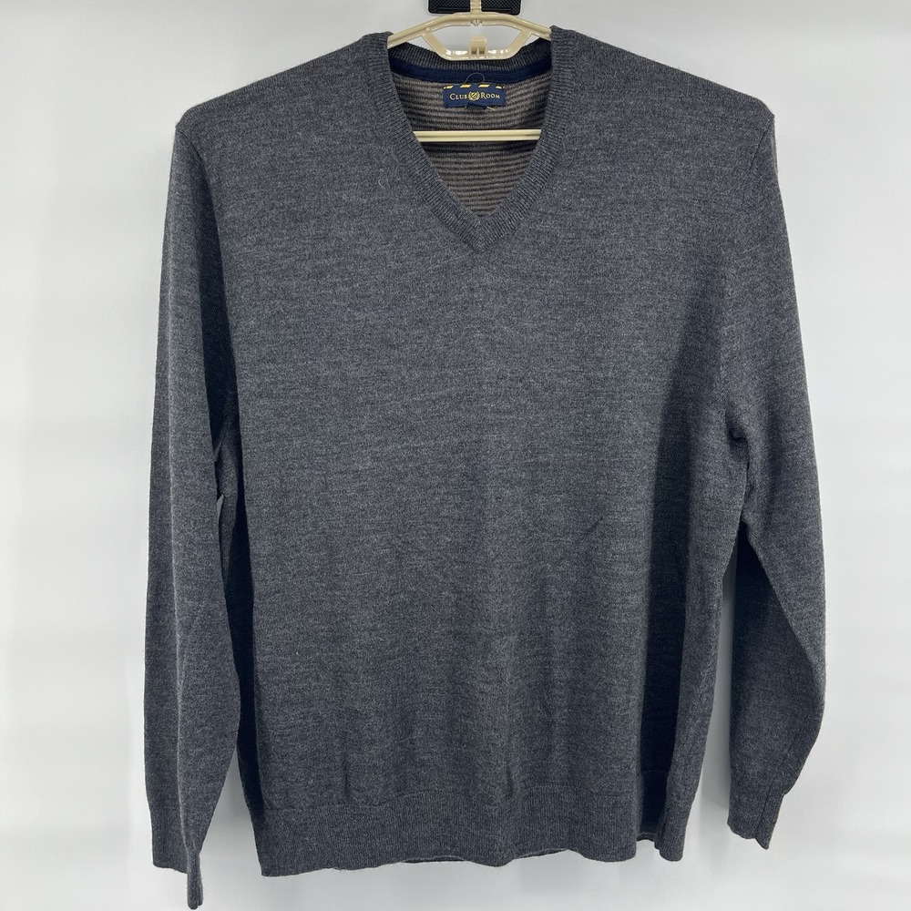 Club Room Men's Size XL Gray Merino Wool Blend Knit Sweater V-Neck Lightweight